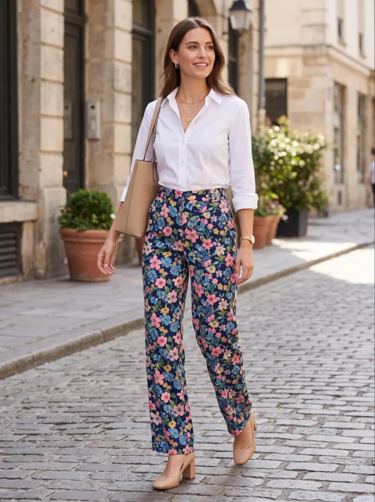  High-Waisted Floral Pants with a White Blouse