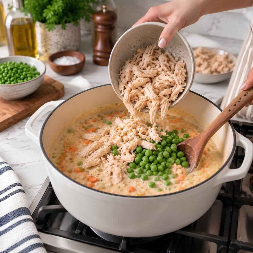 Add Chicken and VegetablesStir in the cooked chicken and peas