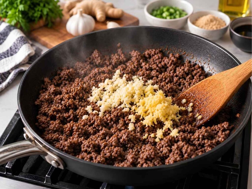 Add the Aromatics Add the minced garlic and fresh ginger to the cooked beef.