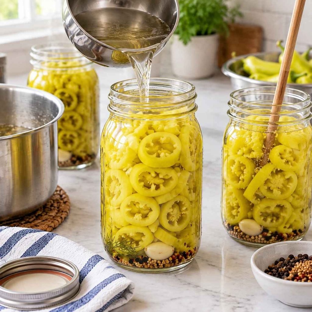 Ladle the boiling brine over the peppers, keeping that ½ inch of headspace.