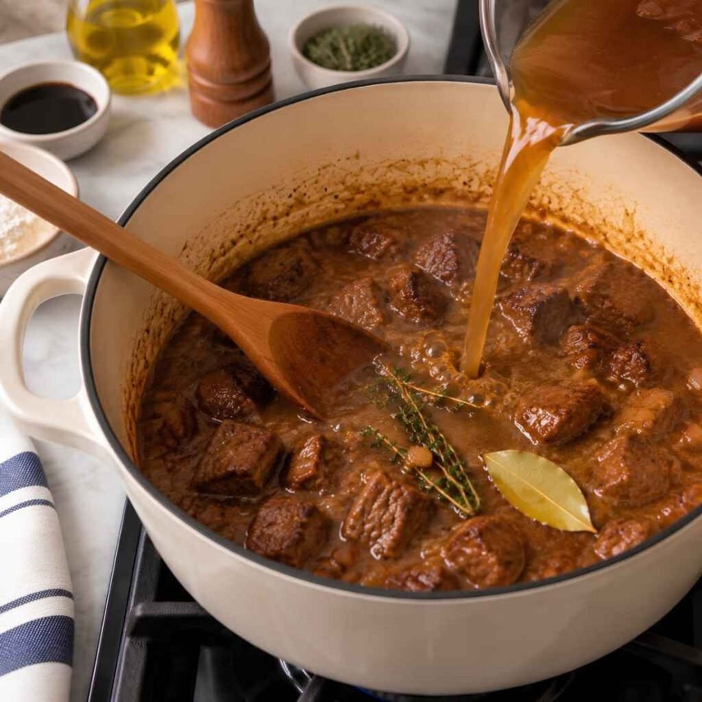 Add the Broth and Scrape
Pour in about a cup of the broth while whisking hard, working out any lumps,