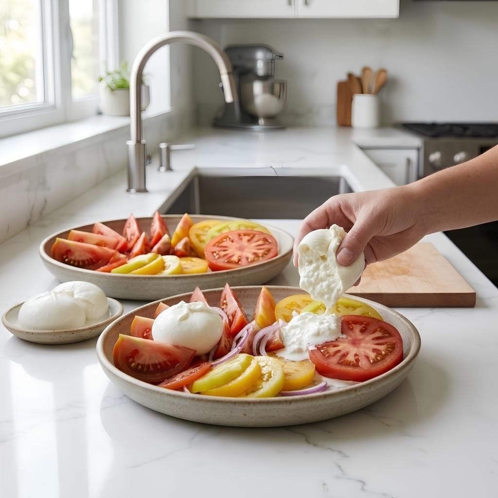 Add the BurrataPlace the burrata among the tomatoes and gently