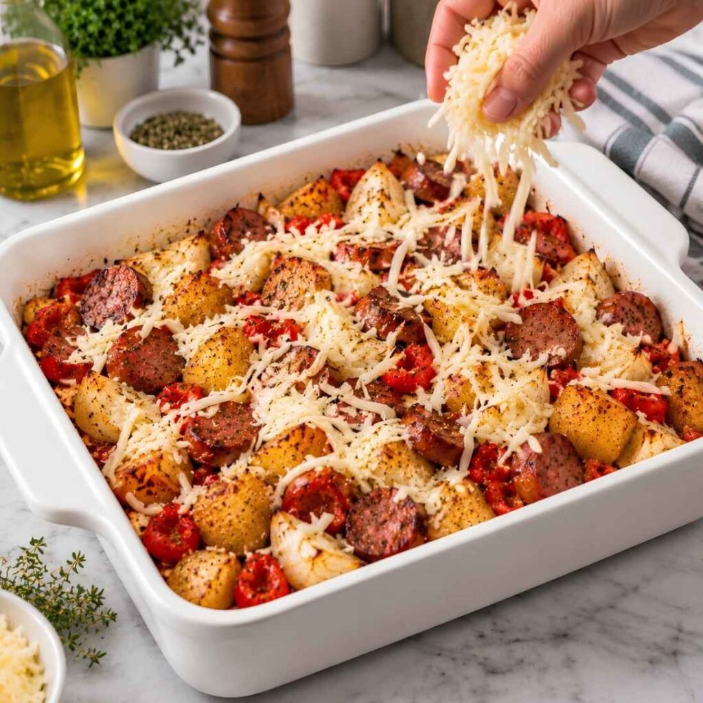 Add the Cheese
Take the pans out and lower the oven to 375°F (190°C). Scatter the cheddar and mozzarella evenly over everything.