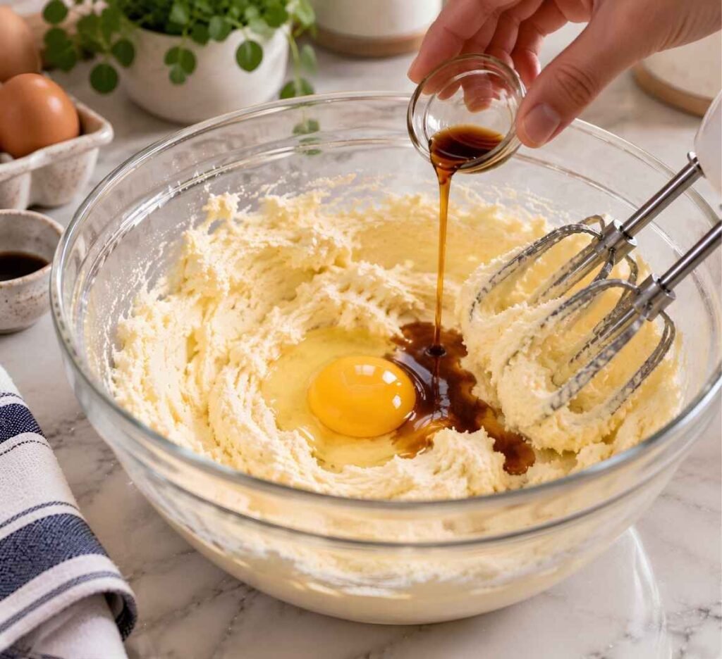 Add the Egg and Vanilla. Add the room-temperature egg and the vanilla and beat for 30 seconds