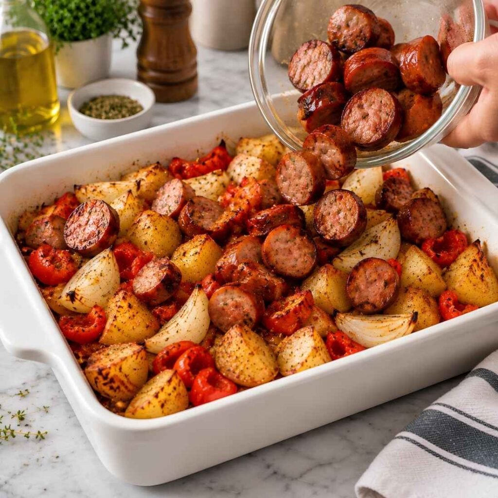 Add the Sausage
Scatter the sausage rounds over both pans and toss lightly.