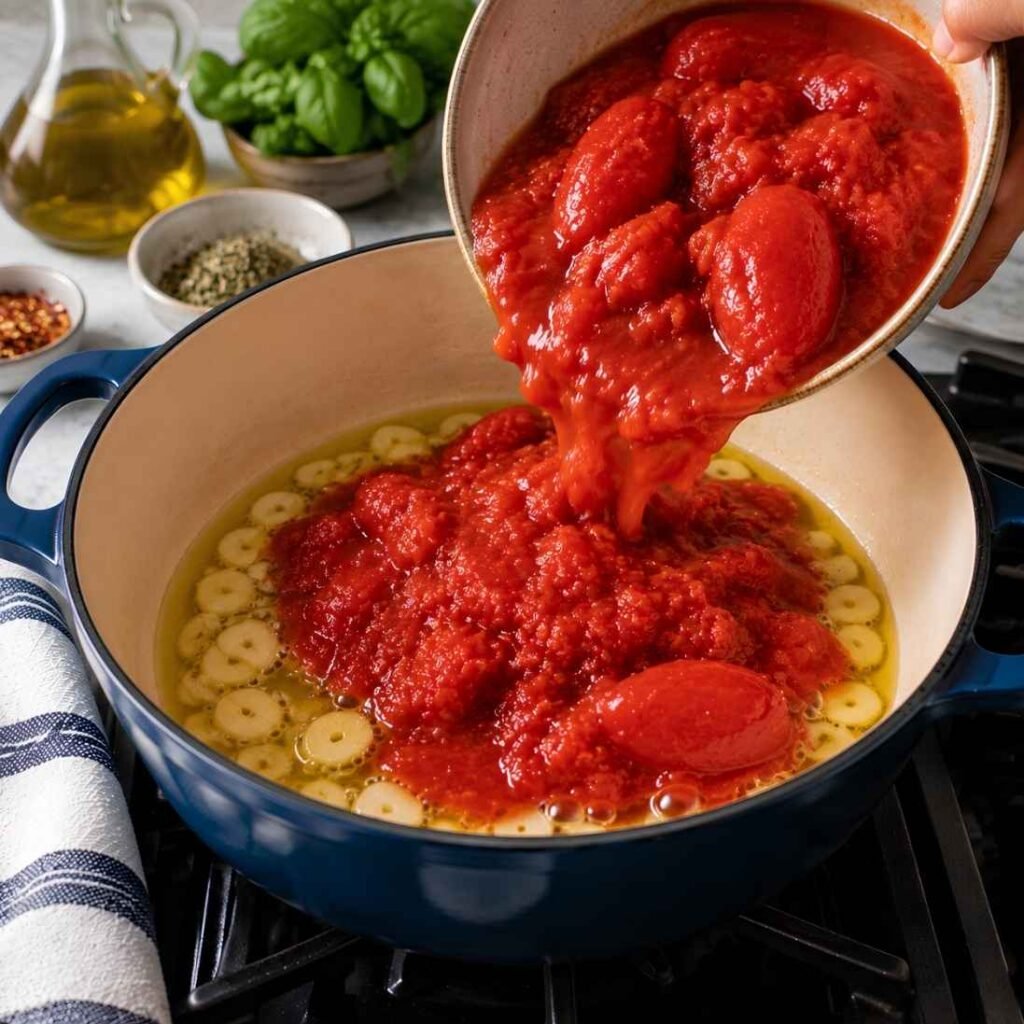 Add the Tomatoes
Pour in the crushed tomatoes and the hand-crushed