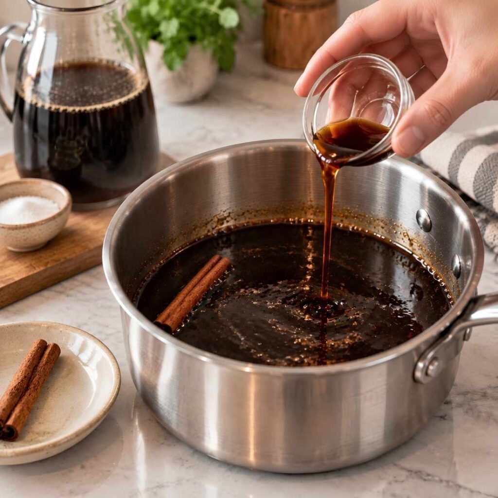 Add the Vanilla
Take the pan off the heat, lift out the cinnamon stick, and stir in the vanilla now.