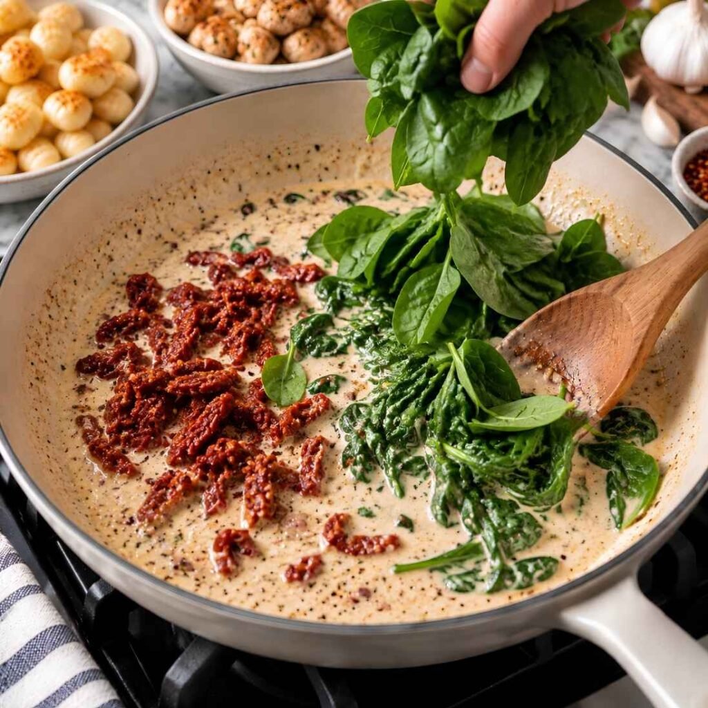 Add the Vegetables
Stir in the sun-dried tomatoes, then add the spinach in two batches, letting the first wilt before adding the second. 
