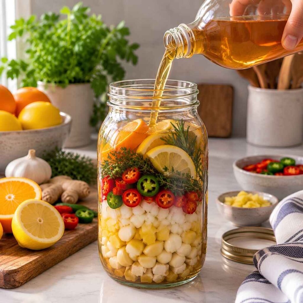 Add the Vinegar Pour the apple cider vinegar over the ingredients until they are fully submerged, leaving about an inch of headspace at the top.