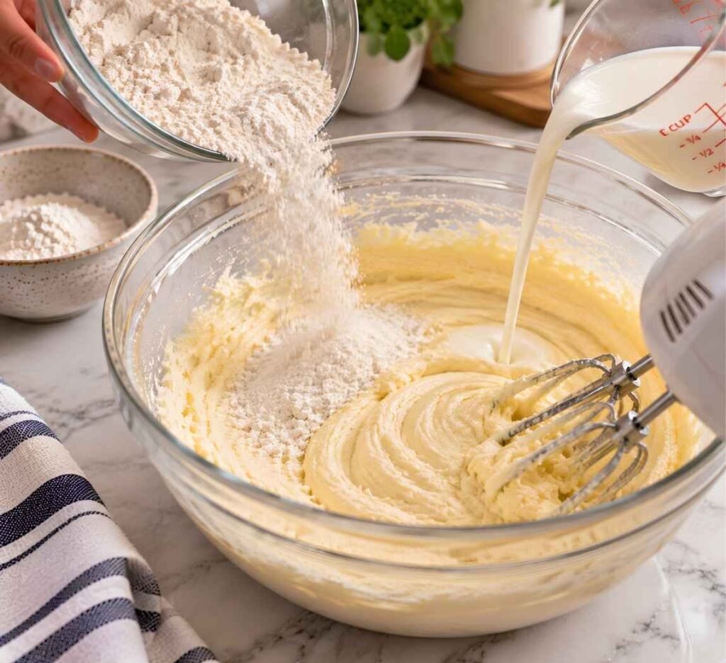 Alternate Flour and Milk. On the lowest speed, add a third of the flour mixture,