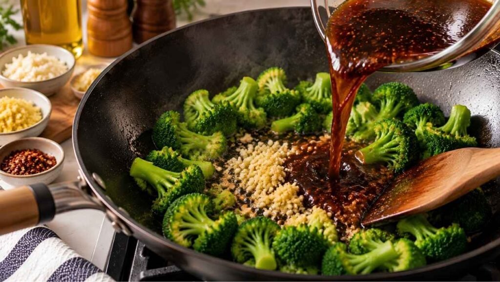  Aromatics and Sauce
Push the broccoli to one side.