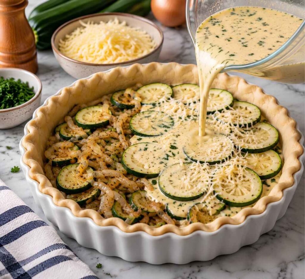 Assemble the Pie: Spread the sautéed onion and zucchini mixture evenly over the pie crust.