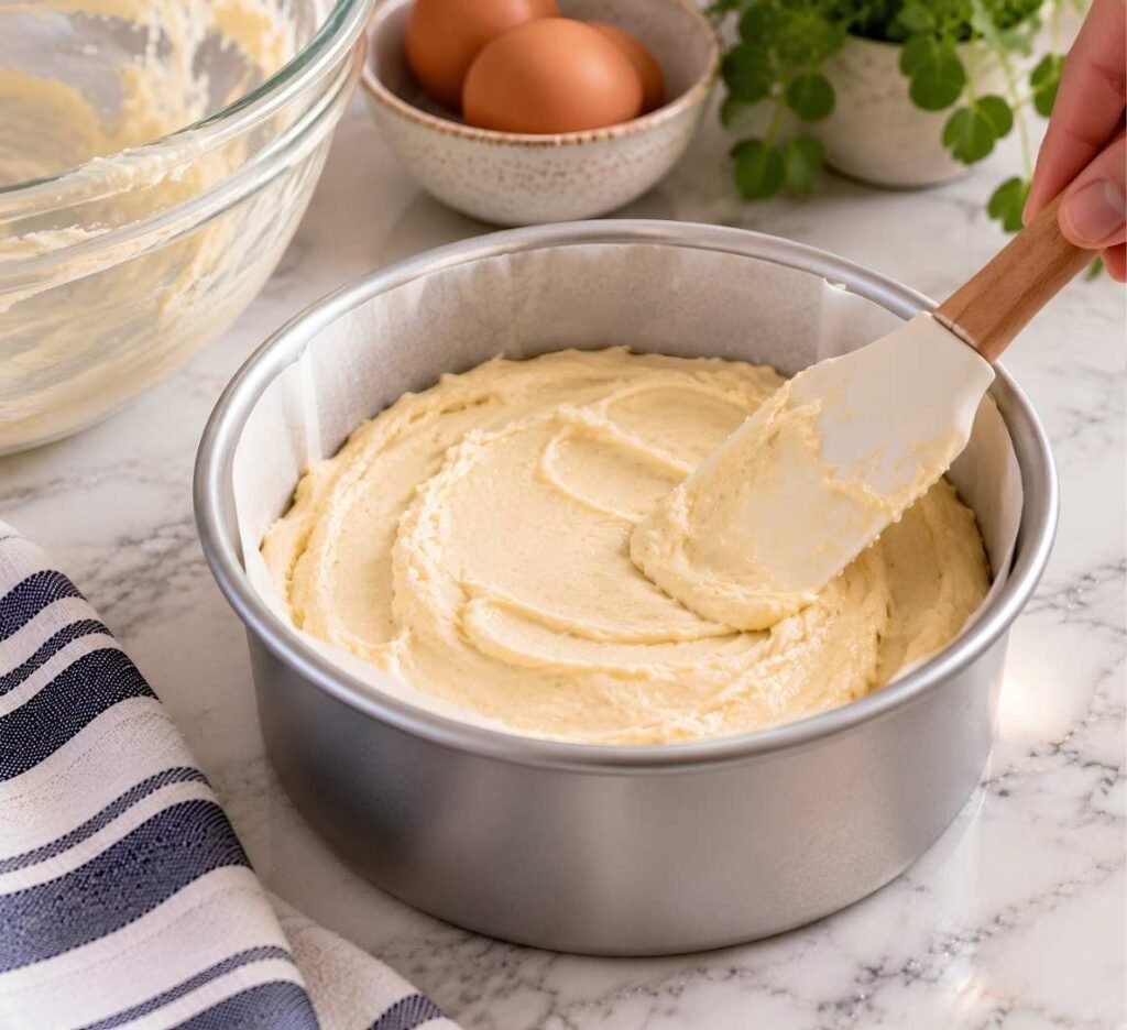  Bake. Scrape the batter into the pan and smooth the top.