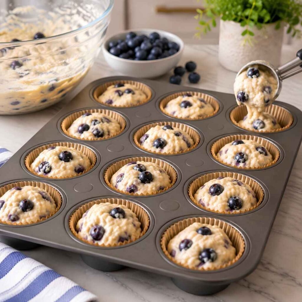 Fill Muffin Cups and BakeSpoon the blueberry muffin batter evenly into the lined muffin cups, filling each about three-quarters full. Bake for 18–20 minutes until the muffins are golden and a toothpick inserted in the center comes out clean. Let them cool before serving.