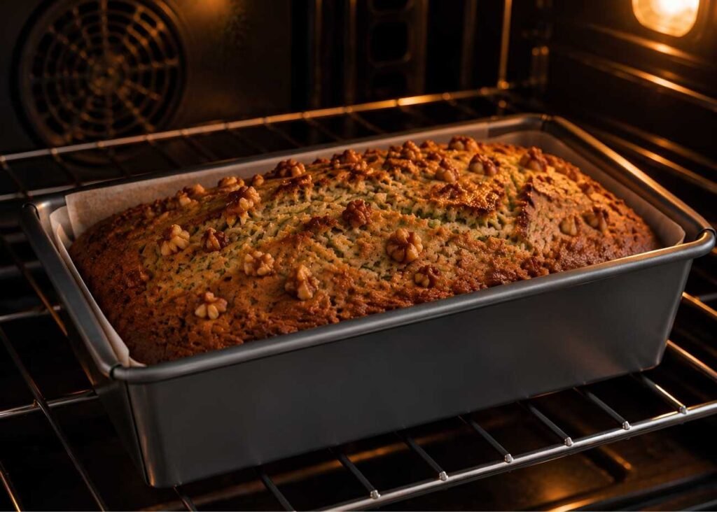 Bake the Zucchini BreadPlace the loaf pan in the preheated oven and bake for 50 to 60 minutes.