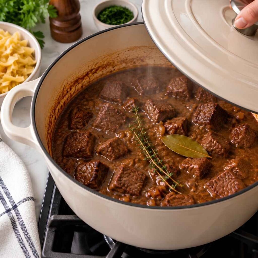 Braise
Return the beef and any juices from the plate to the pot.
