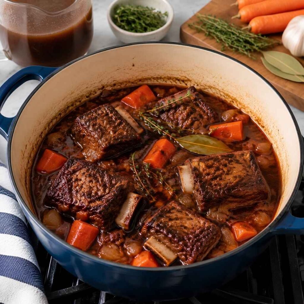 Braise the Short RibsReturn the short ribs to the pot.