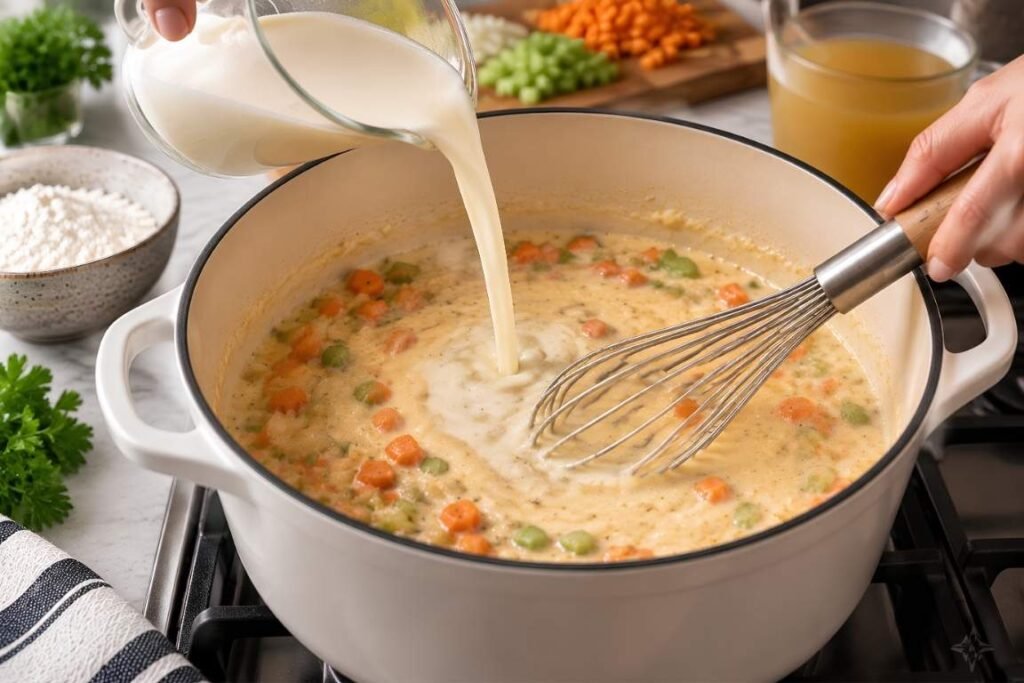 Build the Cream SauceSprinkle flour over the vegetables and stir for 1 minute.