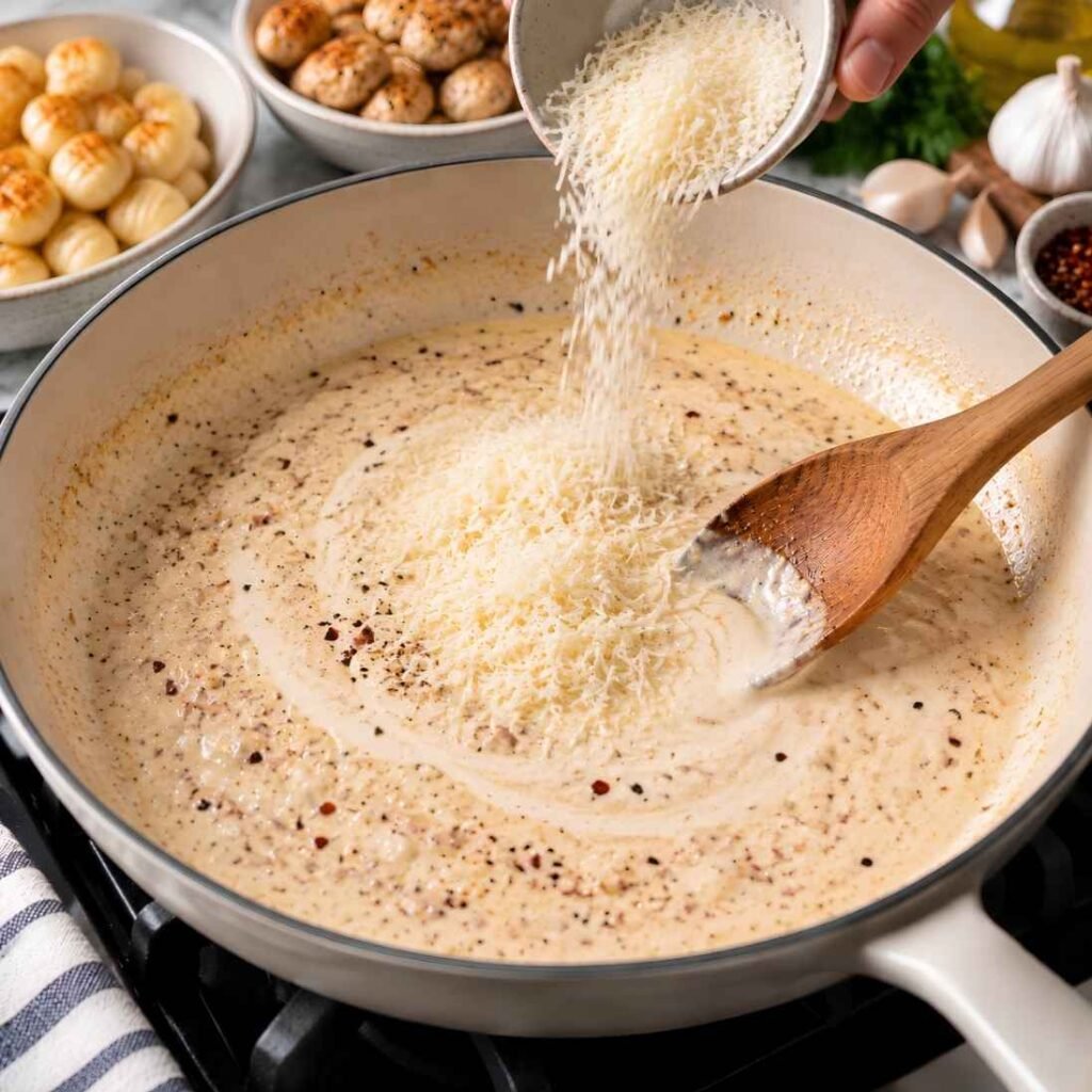   Build the Cream Sauce
Reduce the heat to low, then pour in the heavy cream. Let it warm through for 2 to 3 minutes without boiling. 