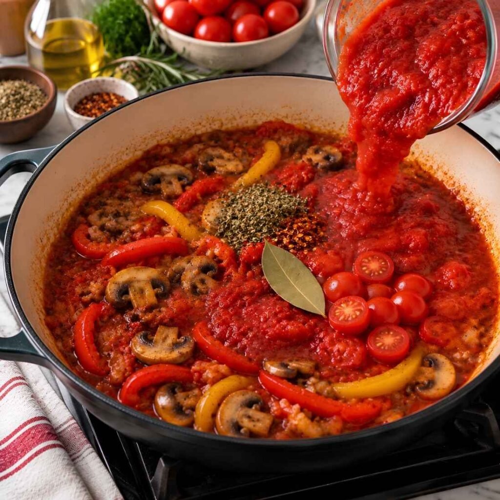 Build the Sauce
Stir in the crushed tomatoes, cherry tomatoes, broth, oregano, rosemary, bay leaf, red pepper flakes, and the remaining 1/2 teaspoon salt. Bring to a gentle simmer.
