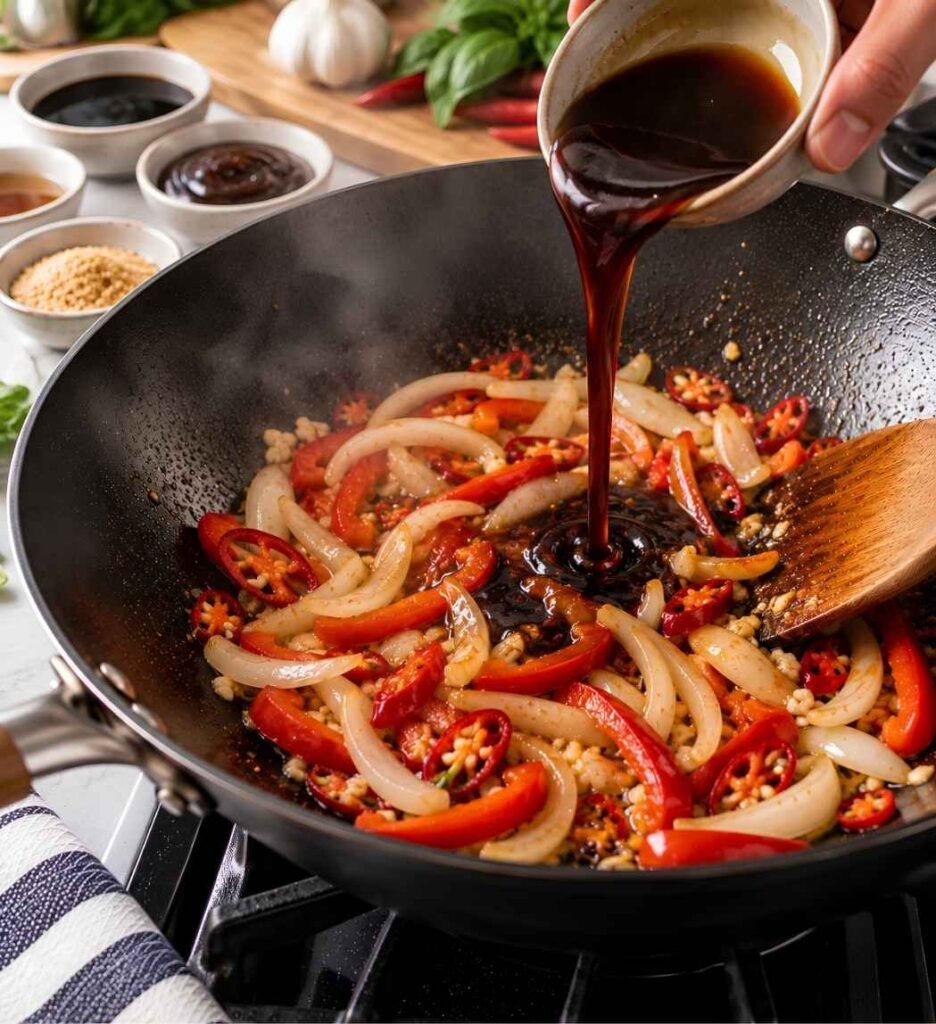 Build the Sauce
Stir in the soy sauce, oyster sauce, fish sauce, and sugar, mix