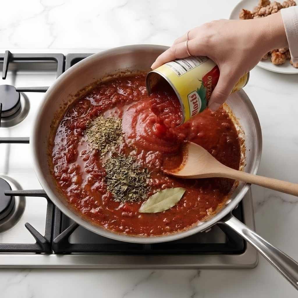 Build the Sauce Add the crushed tomatoes,