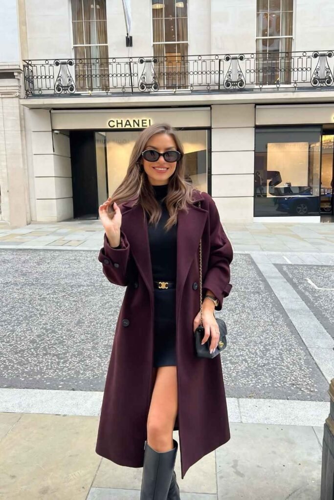 Burgundy Coat & All Black Outfit