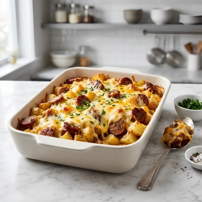 Cheesy Sausage Potato Recipe This cheesy sausage potato bake is what I make when the fridge is nearly empty and nobody has the patience for a real recipe.