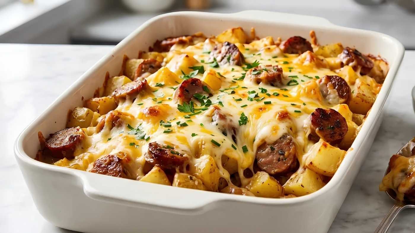 Cheesy Sausage Potato Recipe This cheesy sausage potato bake is what I make when the fridge is nearly empty and nobody has the patience for a real recipe.