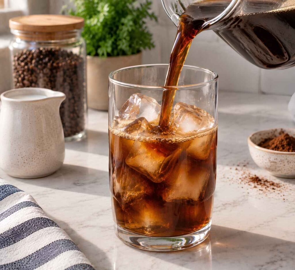 Chill and Serve. Fill tall serving glasses entirely to the brim with solid ice cubes
