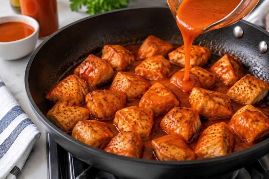 Coat the Chicken With Buffalo SauceReduce the heat to low before adding the buffalo sauce.