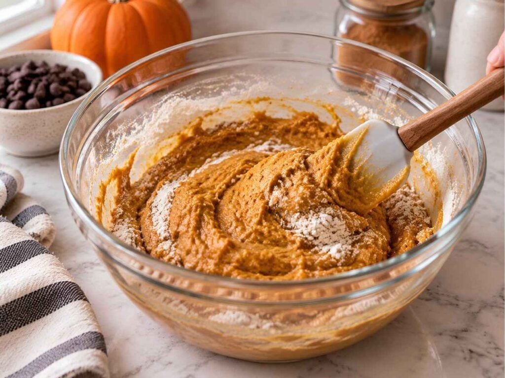 Combine
Pour the wet into the dry and fold with a spatula just until no dry flour is visible.
