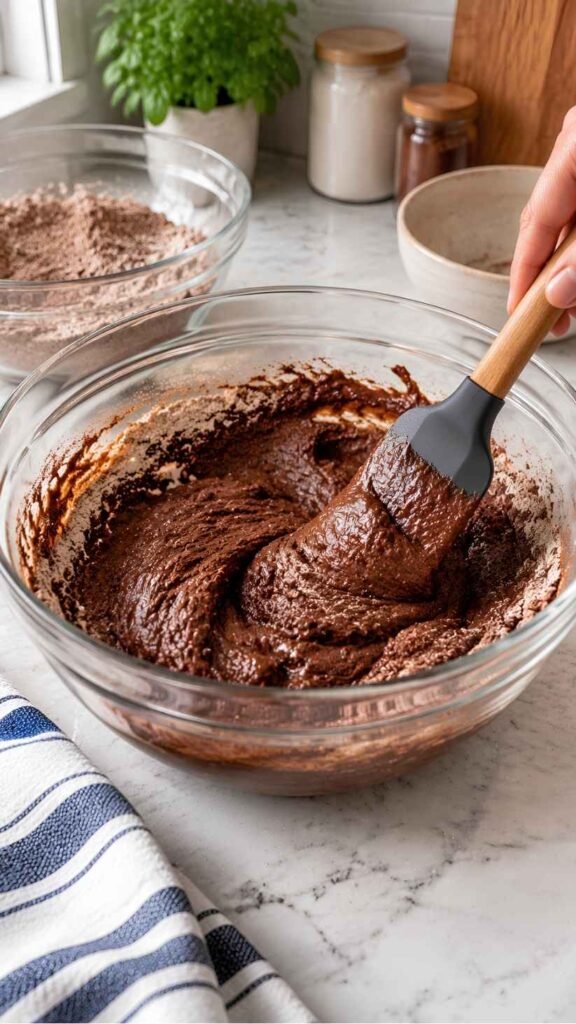 Combine
Pour the wet into the dry and stir with a spatula