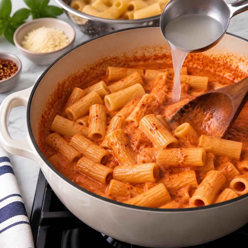 Combine Pasta and Sauce Add the drained rigatoni to the skillet and toss until coated.