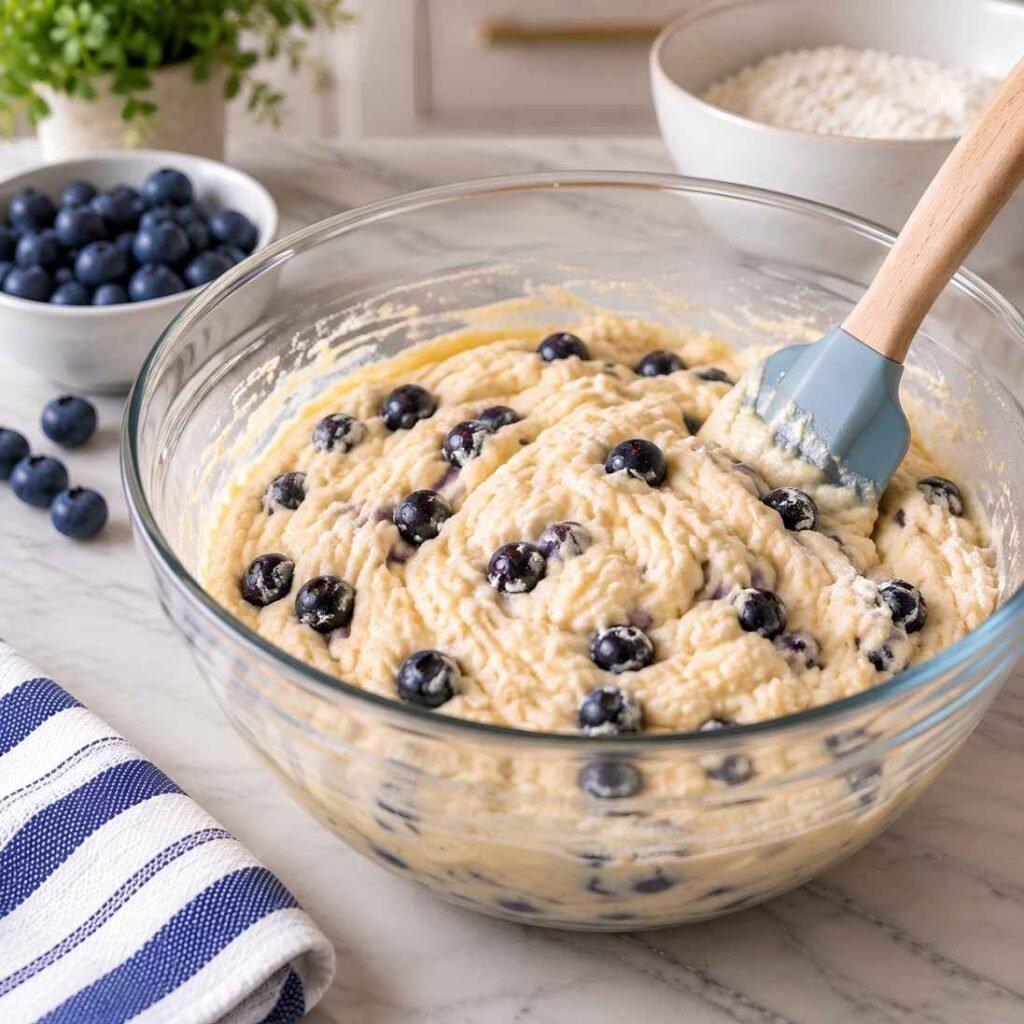 Combine Batter and Add BlueberriesPour the wet mixture into the dry ingredients. Gently stir until the batter just comes together. Fold in the fresh blueberries carefully with a spatula, avoiding overmixing.