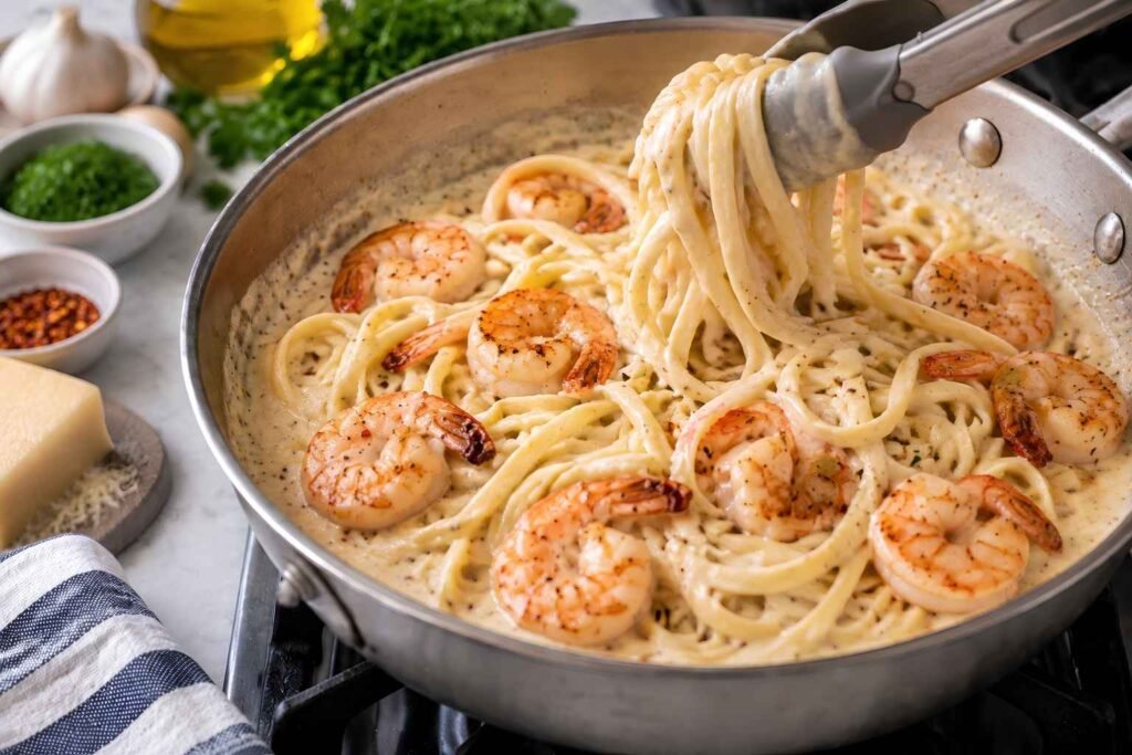 Combine and Serve. Return the shrimp to the skillet.