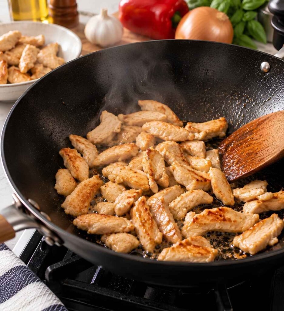 Cook the Chicken
Heat the vegetable oil in a large wok or heavy skillet over high heat.