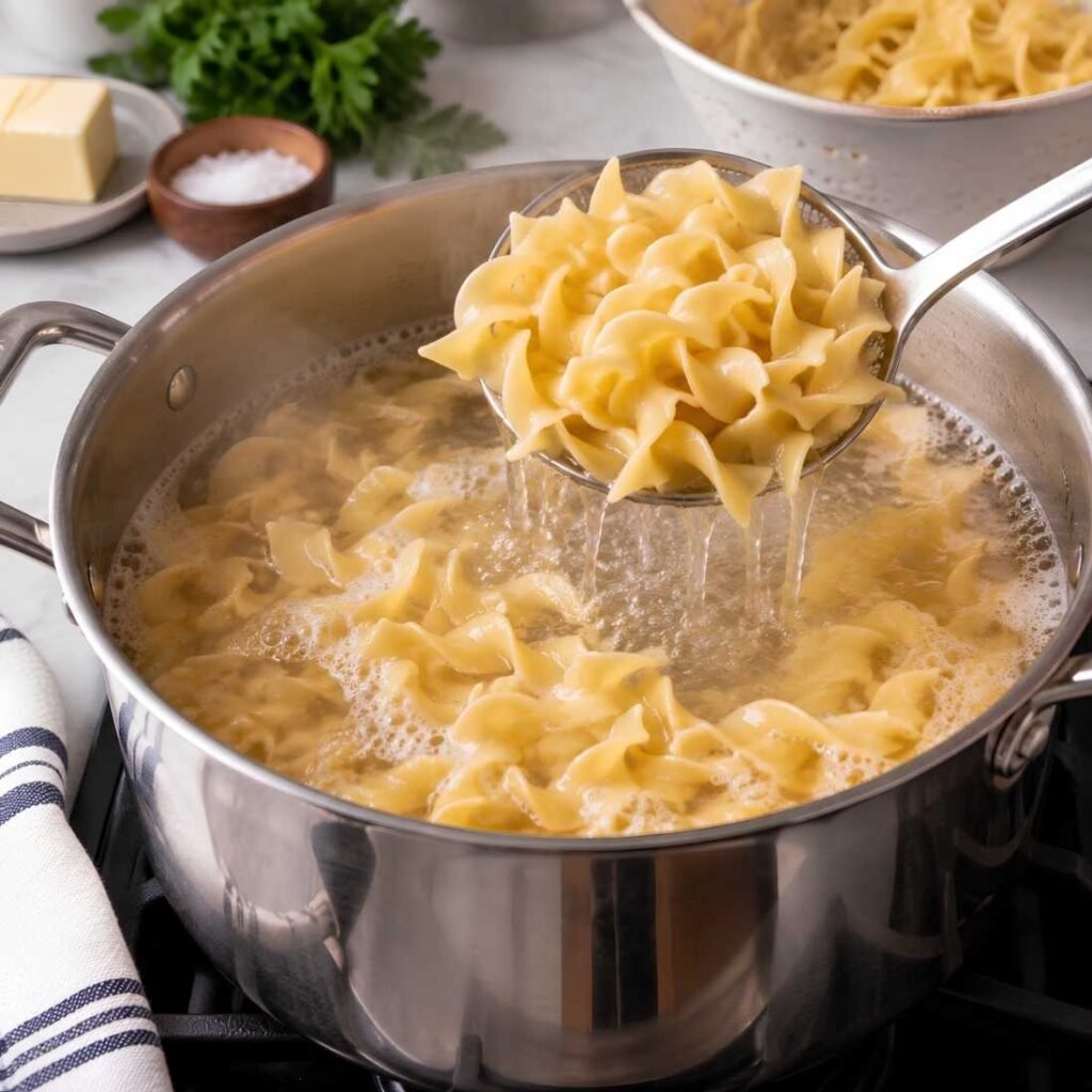 Cook the Noodles
While the gravy finishes, cook the egg noodles in well-salted water