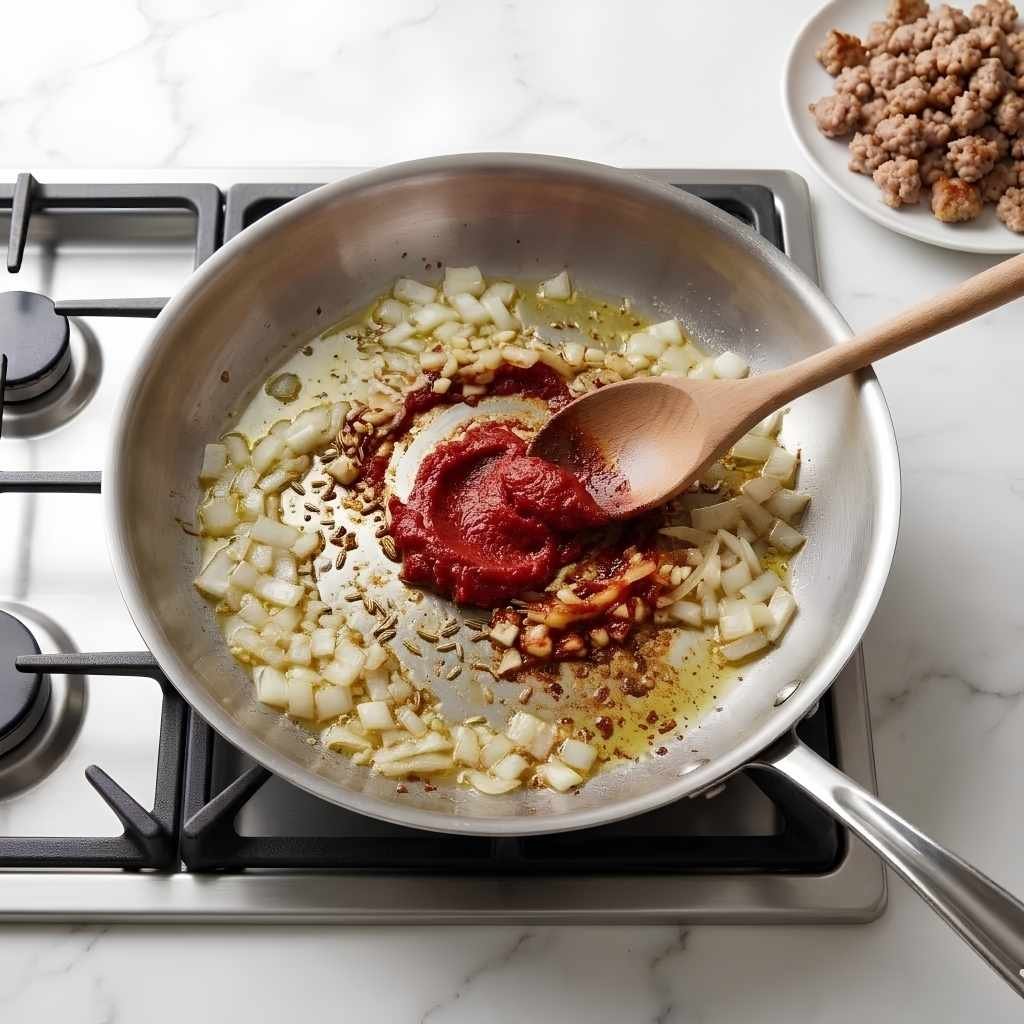 Cook the Tomato Paste Stir in the tomato paste and cook for a full minute,