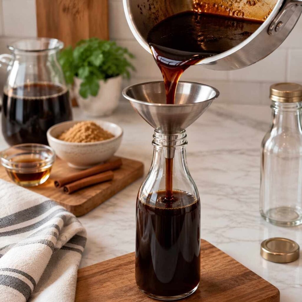 Cool and Bottle
Let the syrup cool in the pan for about 30 minutes, until it is just warm