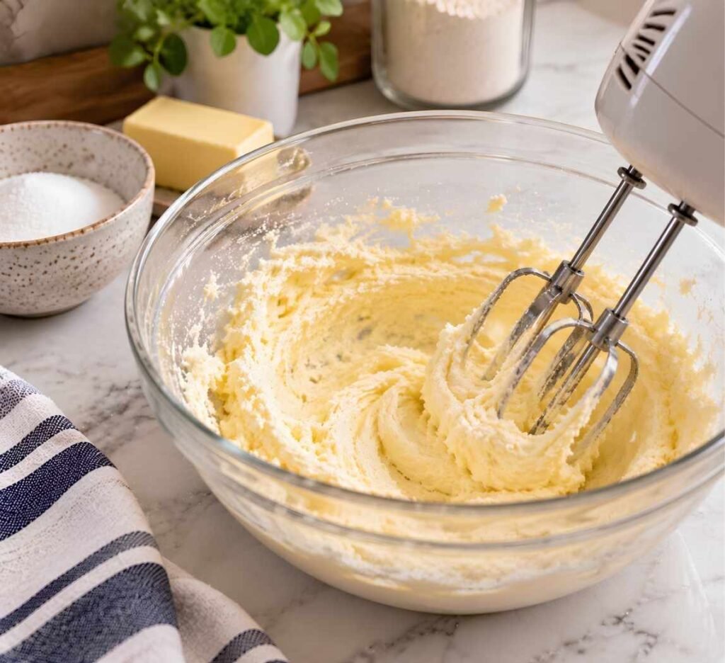 Cream the Butter and Sugar. Beat the softened butter and sugar