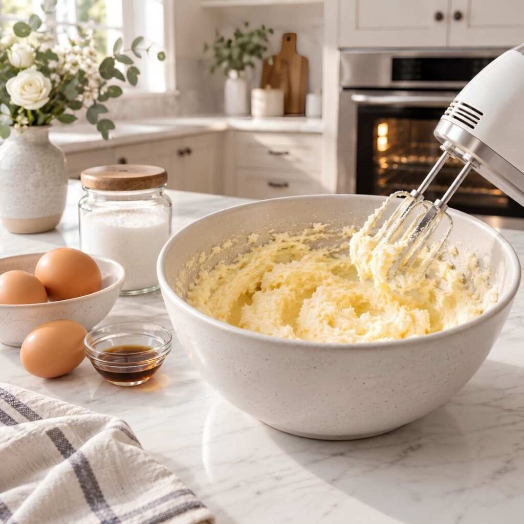 Cream the Butter and Sugar
Add softened butter and granulated sugar to a large mixing bowl. Beat with a hand mixer until the mixture becomes light, pale, and fluffy. Add the eggs one at a time, then mix in the vanilla.