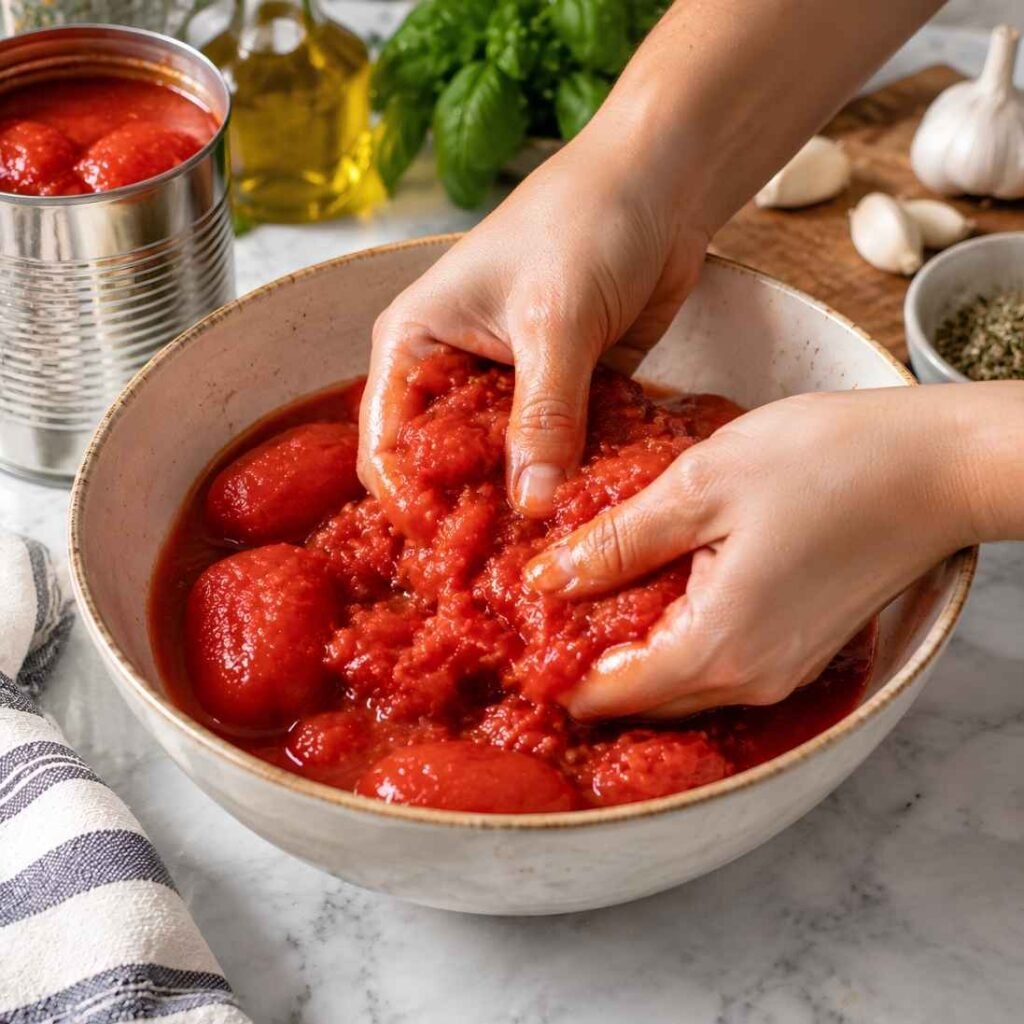 Crush the Whole Tomatoes
Open the can of whole peeled tomatoes and crush them by hand in a bowl