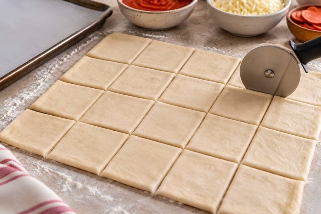 Cut the Squares Using a pizza cutter, cut the dough into 2-inch squares.