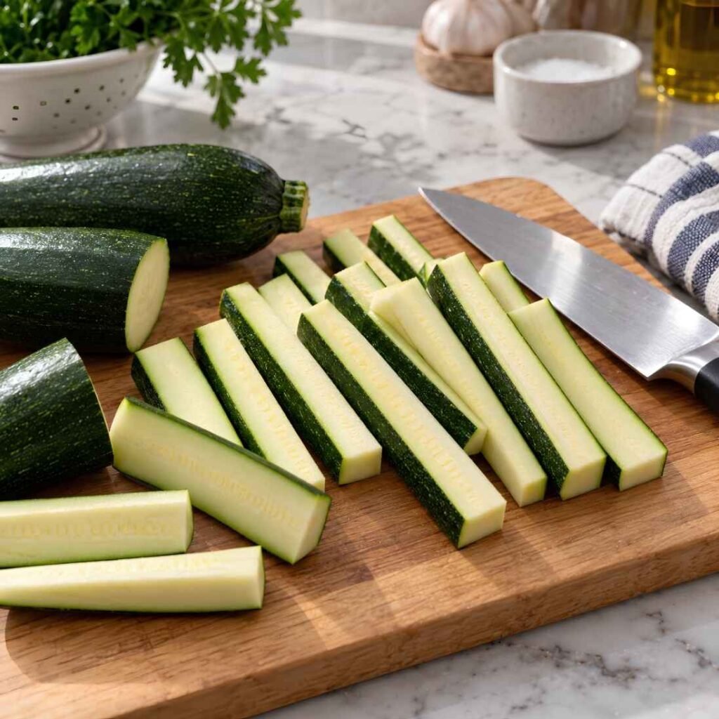 Cut the Zucchini: Wash and dry the zucchini and trim both ends. 