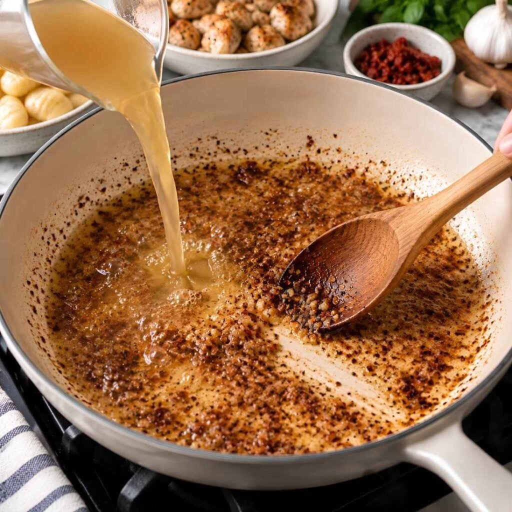 Deglaze the Pan
Pour in the chicken broth and scrape the bottom of the skillet with a wooden spoon, lifting every browned bit stuck to the pan