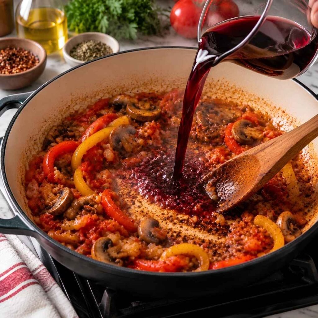 Deglaze the Pan
Pour in the wine and scrape the bottom of the skillet with a wooden spoon to lift every browned bit. Let it bubble for 2 minutes until reduced by about half. 