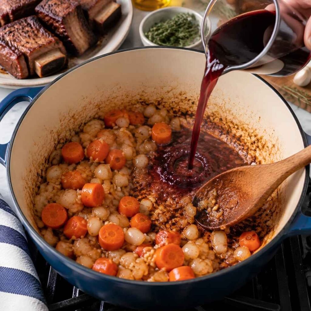 Deglaze the Pot Pour in the red wine and scrape the browned bits from the bottom of the pot with a wooden spoon