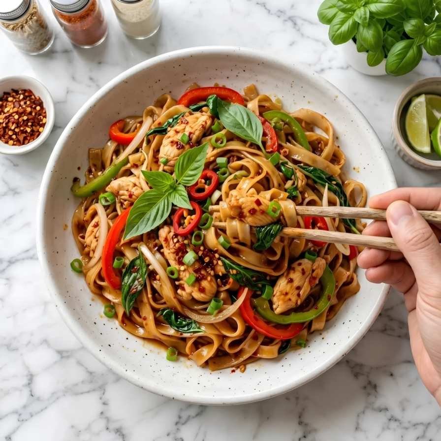 Drunken noodles, or pad kee mao, is a Thai stir-fry built on wide rice noodles, a dark salty-sweet sauce, and more basil than seems reasonable until you taste it.