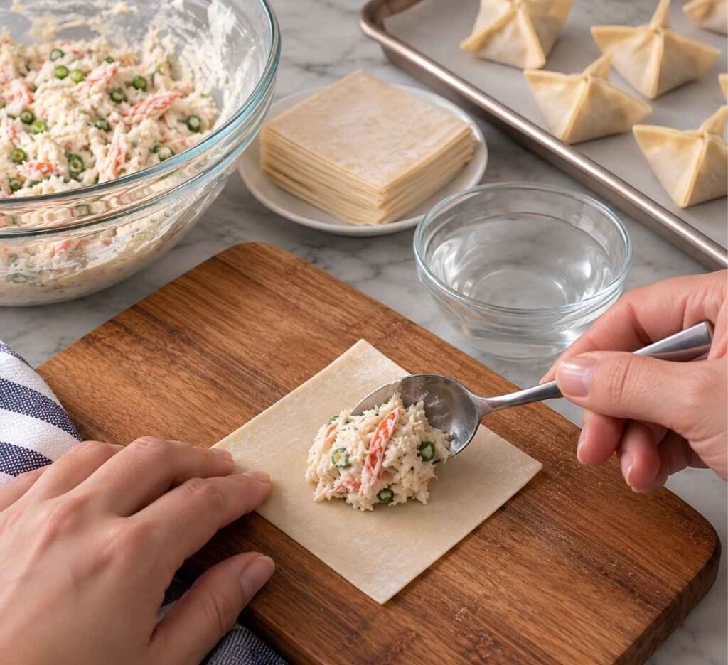 Fill Each Wrapper. Lay one wrapper flat and put 1 tablespoon of filling in the centre.